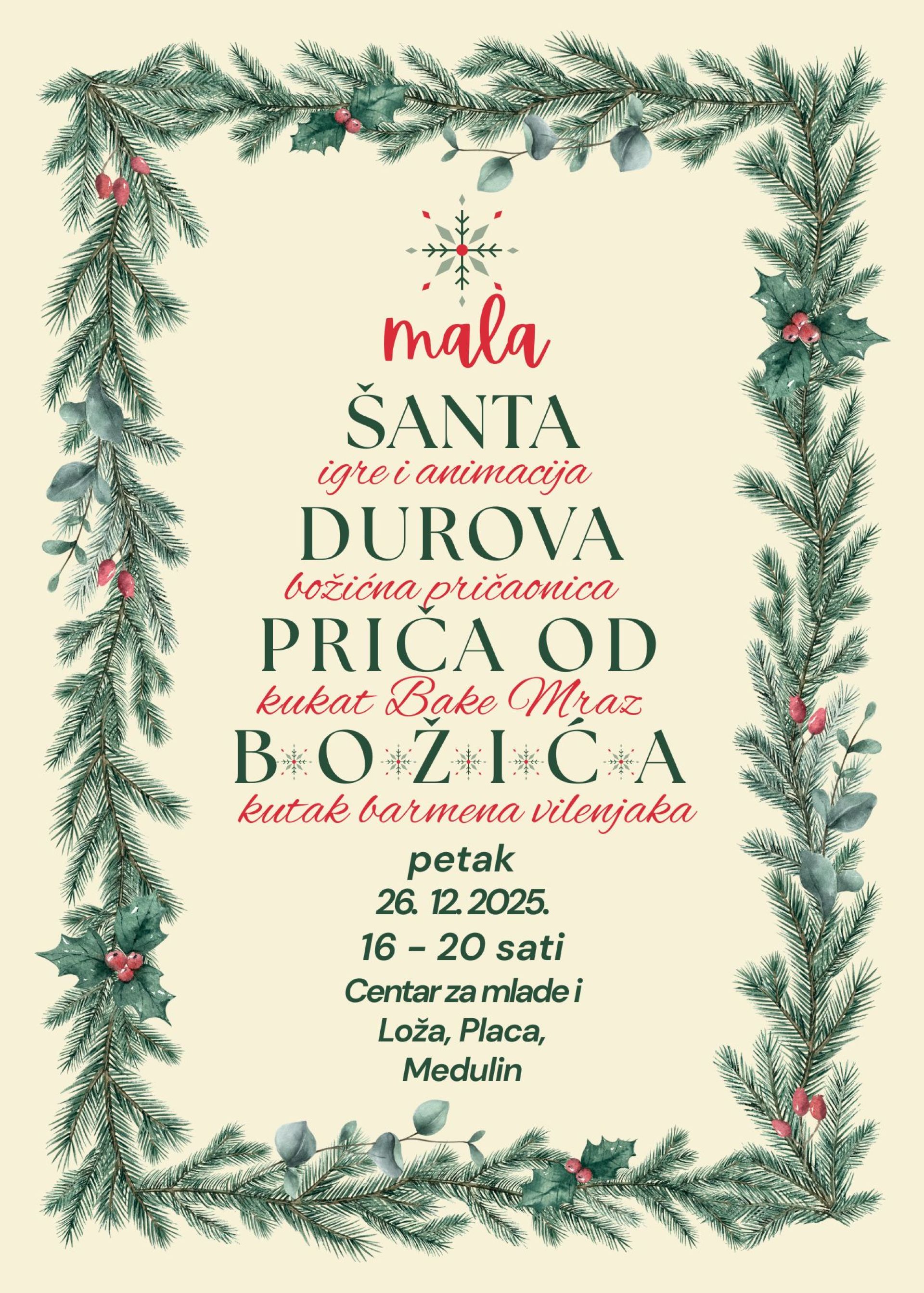 Ovog petka, 26. prosinca 2025., u Medulinu Božićni koncert kvarteta Pro et contra i „Mala Šantadurova priča od Božića“